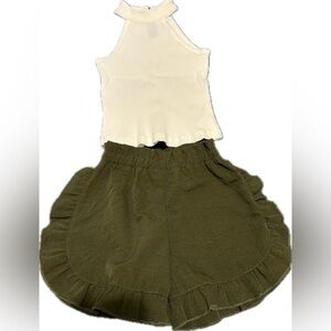 PatPat Toddler 2-Piece Outfit - White Halter Top & Olive Green Ruffle Shorts 3Y